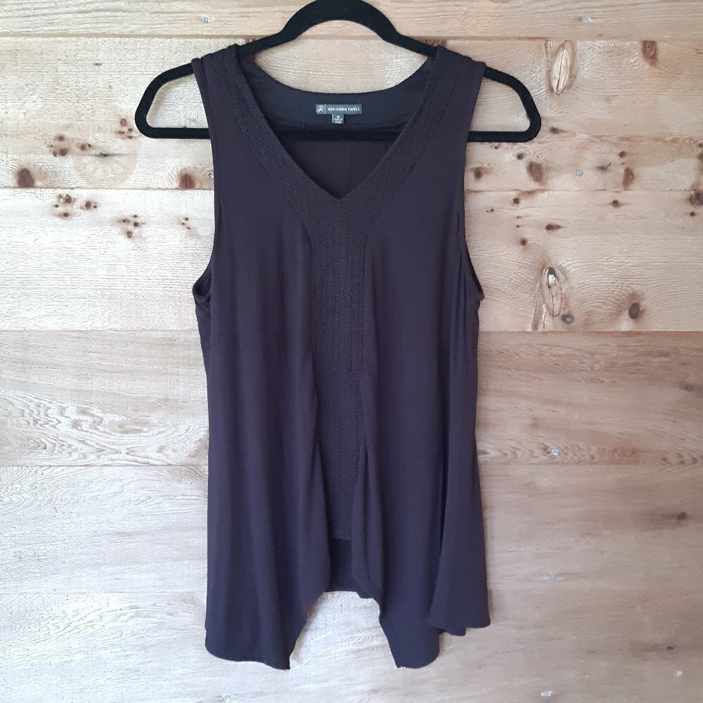 Black Sleeveless Hanky Top Embroidered V-Neck Med